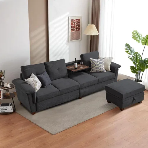 Vista 8 de Sofás seccionales de 4 asientos para sala de estar, dormitorio, oficina, sofá modular convertible en forma de L con otomana y portavasos, gris oscuro