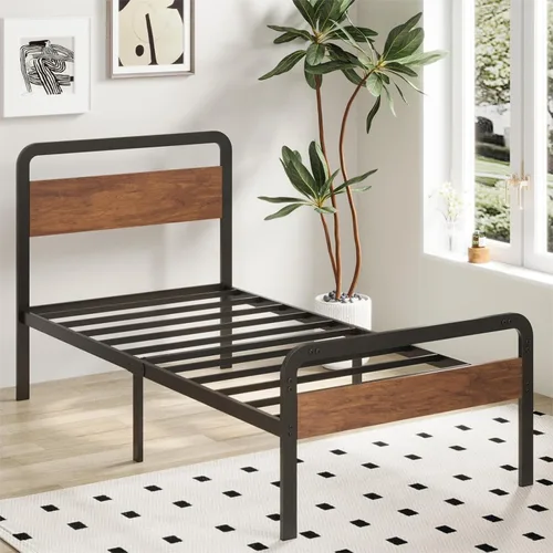 Vista 7 de Richwanone Marcos de Cama Individual con Cabecera y Pie de Cama de Madera, Marco de Plataforma de Metal de 14 Pulgadas con Soporte de Listones