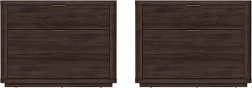 Vista 9 de Manhattan Comfort Evelyn - Mesita de noche con 3 cajones, mesa de noche minimalista de grano de madera con esquinas redondeadas y base elevada, mesa