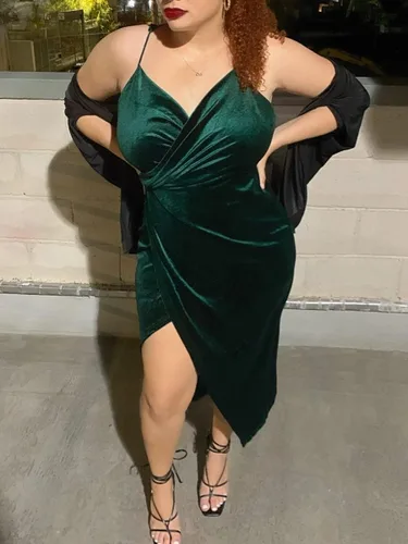 Vista 4 de Missufe Vestido cruzado de terciopelo sin mangas con tirantes delgados, cuello en V, para fiesta, cóctel, fruncido, con abertura, para mujer