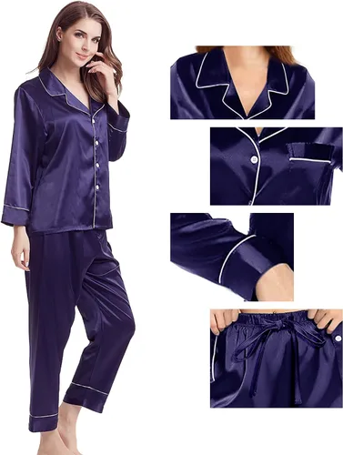 Vista 5 de Conjunto de pijama para mujer, pijama de satén de seda, pijama largo de 2 piezas, con botones, conjunto de pijama para descansar