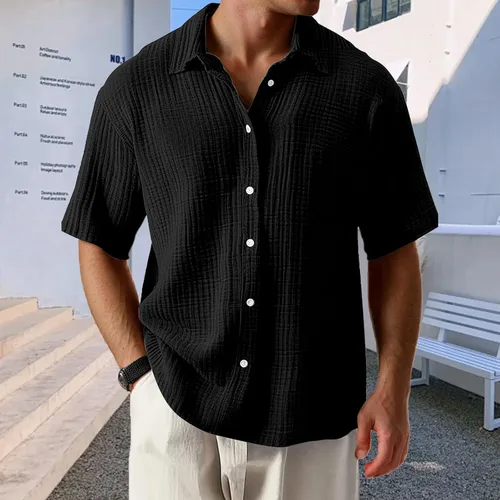 Vista 3 de Camisas de manga corta con botones para hombre, suaves, holgadas, casuales, guayabera, camisas de verano hawaianas para vacaciones