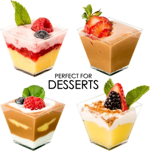 Vista 6 de DLux 100 x 2oz Tazas Cuadradas Mini de Postre con Cucharas y Tapas, Taza de Plástico Transparente para Aperitivos Parfait - Pequeño Cuenco