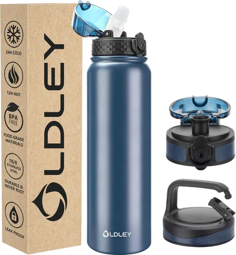 Vista 40 de Botella de agua aislada Oldley de 12 oz con pajita, botella de agua de acero inoxidable con 2 tapas, botellas de doble pared con vacío para adultos
