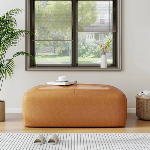 Vista 8 de Otomana rectangular de cuero auténtico, mesa de centro con botones marrones con patas, taburete tapizado para reposapiés para sala de estar