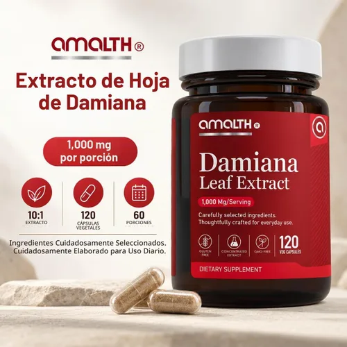 Vista 2 de AMALTH Cápsulas de extracto de hoja de damiana 1000 mg Suplemento de hierbas de té de Damiana Cápsulas Turnera Diffusa Extracto de té de hoja