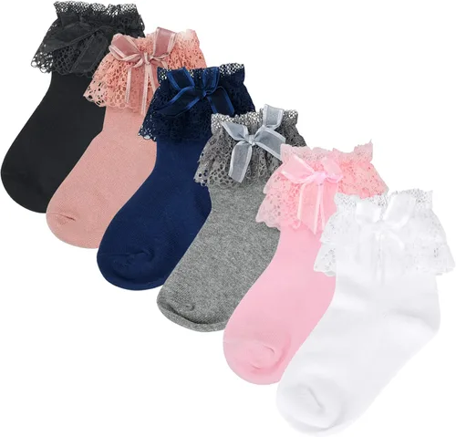 Vista 4 de Calcetines con volantes para niñas pequeñas, calcetines de encaje con lazo, 6 pares
