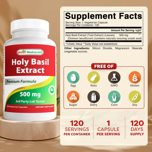Vista 2 de Best Naturals Manejo del estrés de la albahaca sagrada 500 mg 120 cápsulas vegetales