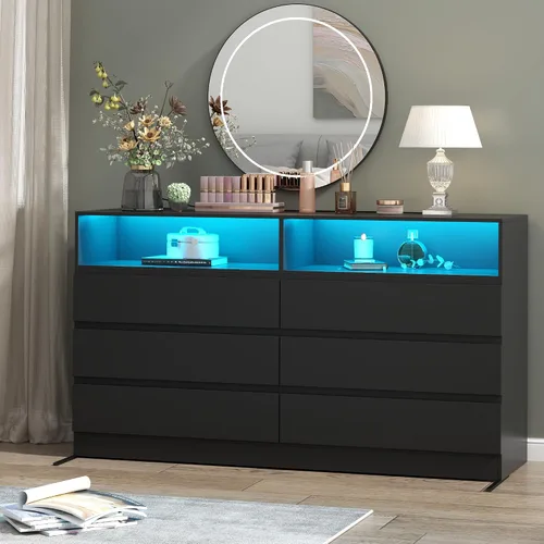 Vista 5 de Loomie Cómoda de 6 cajones para dormitorio, cómoda ancha con estación de carga y luces LED, muebles de dormitorio tradicionales, tocador