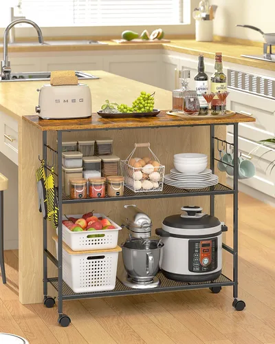 Vista 8 de Isla de cocina con 3 estantes, carrito de cocina rodante con 6 ganchos y estante protector, soporte de microondas con ruedas bloqueables, estante