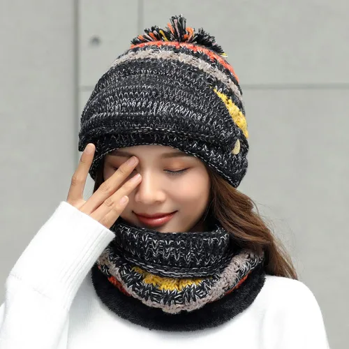 Vista 2 de Conjunto de 3 piezas para mujer, gorro de esquí, nieve, cuello, bufanda, máscara facial, pasamontañas, gorro de forro polar de punto de invierno