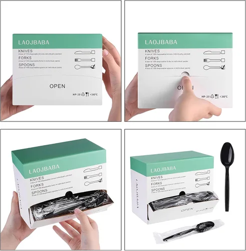 Vista 3 de cucharas de plástico desechables envasadas individualmente negras de 7 pulgadas para llevar comerciales, súper duras de masa pesada envasadas