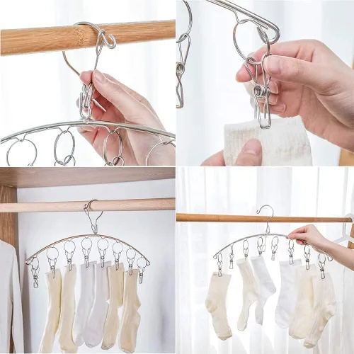 Vista 3 de Percha de ropa con 10 clips, acero inoxidable, resistente al viento, para secar calcetines, brasieres, ropa interior, ropa de bebé, sombreros