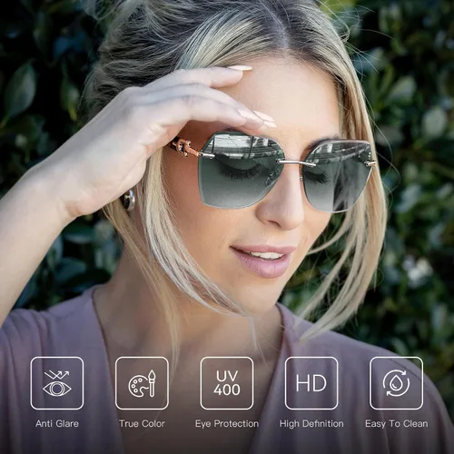 Vista 27 de ZENOTTIC Lentes de sol sin montura de gran tamaño para mujer, diseño geométrico de corte de diamante, lentes degradados, protección UV, tonos de moda