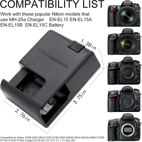 Vista 3 de Carga de batería MH-25a compatible con Nikon EN-EL15 EN-EL15a EN-EL15b EN-EL15c EP-5B D500 D600 D610 D750 D780 D800E D810 D810A D850 D70000 D710 0