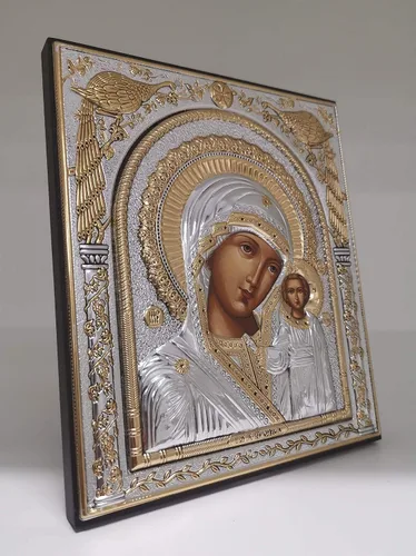 Vista 2 de Virgin Mary of Kazan Kazanskaya Silver Orthodox Icon/Greek/Handmade