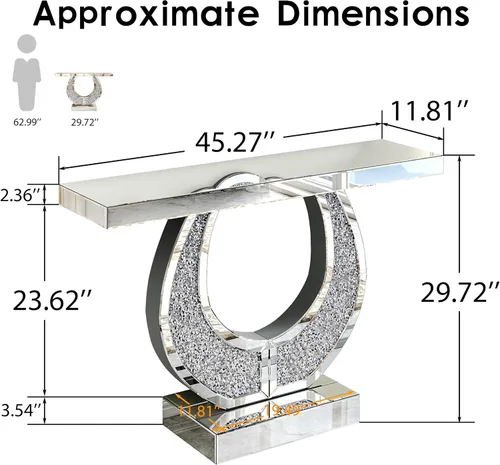 Vista 2 de Mesa consola plateada con espejo con diamante triturado, mesa rectangular moderna de 45.27 pulgadas con base en forma de O, mesas angostas