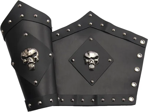 Vista 2 de Jeilwiy Brazaletes vikingos medievales de cuero, brazaletes de armadura de brazo, brazalete de cuero, guantelete punk para hombres y mujeres