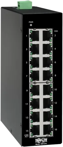 Vista 15 de Tripp Lite Conmutador Ethernet Gigabit PoE+ administrado industrial de 8 puertos de capa 2, puertos RJ45 de 10/100/1000 Mbps, montaje DIN
