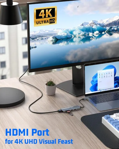 Vista 5 de Estación de acoplamiento, concentrador USB-C 6 en 1 TOTU que permite impresionantes pantallas HDMI 4K, transferencias de archivos ultrarrápidas de 5