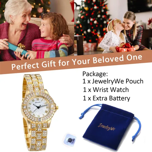 Vista 7 de JewelryWe Women Watches Gold Tone Alloy Rhinestone Quartz Watch Stylish Bling Dress Watch Wristwatches for Halloween