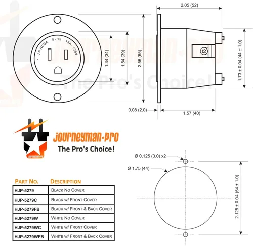 Vista 7 de Journeyman-Pro 5279 15 Amp 120-125 voltios, salida con brida NEMA 5-15, grado comercial blanco, 2 polos-3 cables, receptáculo de cargador de enchufe