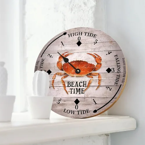 Vista 3 de Reloj de marea vintage de playa, hora de playa, cangrejo oceánico, reloj de madera, reloj de marea de madera, reloj de marea alta y baja, reloj
