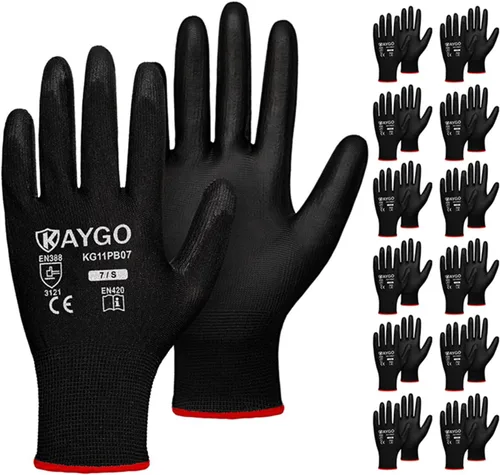 Vista 58 de KAYGO KG11PB - Guantes de trabajo de seguridad con revestimiento de poliuretano, 12 pares de guantes de punto sin costuras para hombres y mujeres