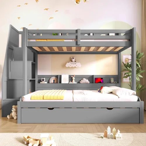 Vista 11 de Harper & Bright Designs - Litera de tamaño individual sobre individual con nido y cajones de almacenamiento, base de cama de madera con barandilla