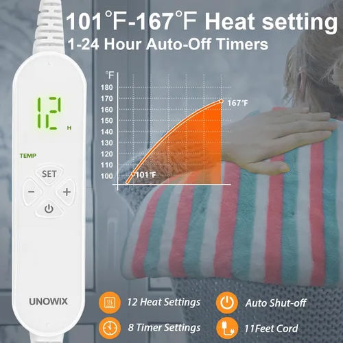 Vista 2 de Almohadilla térmica eléctrica XL para aliviar el dolor de espalda, 12 niveles de calor, 8 temporizadores, opción de calor húmedo, bonita almohadilla
