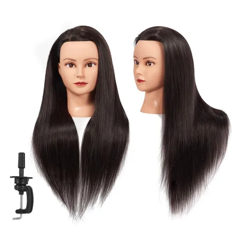Vista 11 de Cabeza de maniquí 26-28" Cabeza de maniqui de fibra sintética Yaki para peluquería, modelo de entrenamiento de cosmetología, cabeza de muñeca