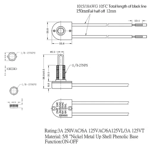 Vista 7 de Interruptor de botón Zing Ear ZE-107M ON-Off 5/8 "Lámpara de luz 3A 250VAC/6A 125VAC/3A 125VL/3A 125VT Prensa de dos etapas Interruptores con cable