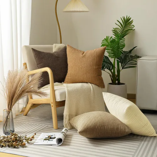 Vista 6 de Lewondr - Fundas de almohada de pana, juego de 4 fundas cuadradas de 22x22 pulgadas, con diseños a rayas modernas, para sofá, sala de estar, Marrón