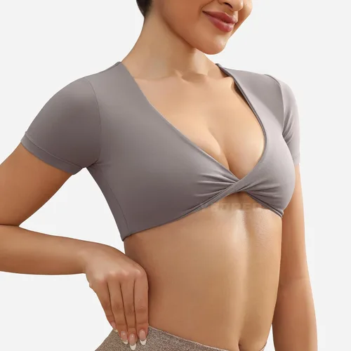 Vista 4 de YEOREO Kyla Workout Crop Tops for Women Short Sleeve Twist Front Crop Tank Top Padded Sports Bra Casual Shirts