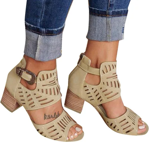 Vista 2 de NOLDARES Sandalias casuales de moda para mujer, con puntera abierta, tacón apilado, correa con hebilla, sandalias de playa