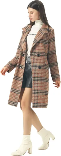 Vista 4 de Chartou Chaqueta larga de invierno con cuello de solapa de lana a cuadros de doble botonadura para mujer