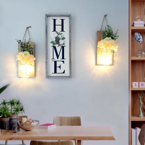 Vista 60 de Decoración rústica de madera para colgar en la pared con tira de luces LED para sala de estar y dormitorio modernos, estilo campestre inspirador