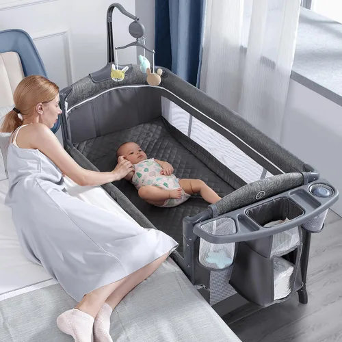 Vista 9 de BabyBond Cuna para bebé, cuna de noche, paquete y juego con sábana, cambiador de pañales y móvil de música desde recién nacidos hasta niños