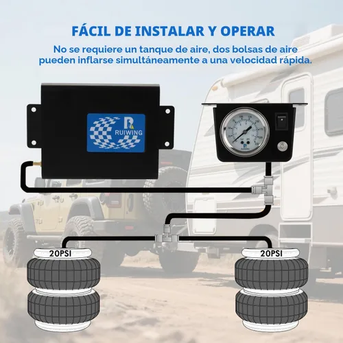 Vista 7 de Kit de compresor de bolsa de aire, sistema de compresor de aire a bordo con compresor de suspensión neumática, manómetro, herrajes y línea de aire
