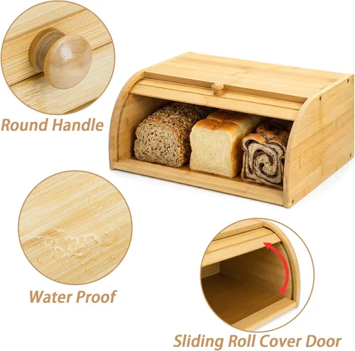 Vista 5 de Lawei Panera de bambú, caja de pan grande de madera con parte superior enrollable, contenedor de almacenamiento de pan para encimera, soporte