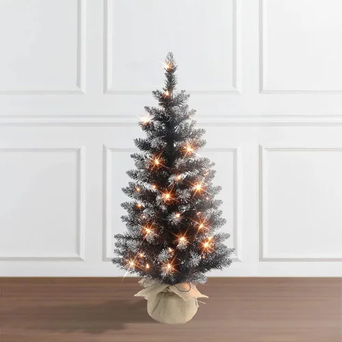 Vista 2 de Árbol artificial negro pre-iluminado de 3 pies, 97 puntas, 50 luces incandescentes claras UL, base de arpillera