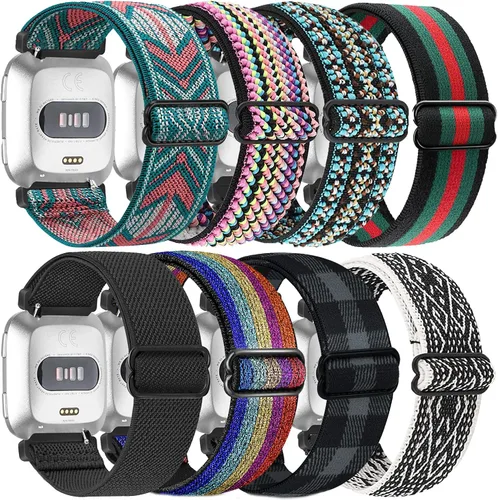 Vista 8 de Paquete de 8 correas de repuesto de nailon compatibles con Fitbit Versa 2, Versa, Versa Lite, Versa SE, para mujeres y hombres, correa elástica