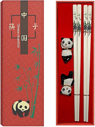 Vista 14 de Juego de palillos panda con reposo de regalo, aptos para lavavajillas, reutilizables, de fibra de vidrio, palillos y soporte de porcelana