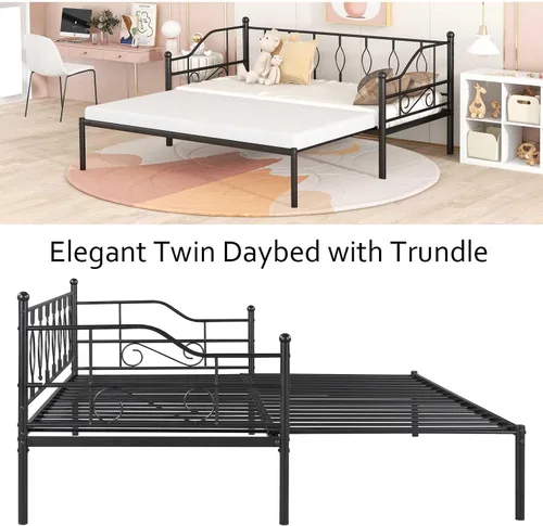 Vista 3 de Sofá cama individual con nido, marco de cámara de plataforma de metal moderno, sofá cama resistente para sala de estar, soporte de listones