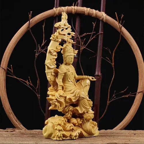 Vista 5 de Estatua de kuanyin de Feng Shui, estatua de boj quanyin, decoración de estante de escritorio, obra de arte tallada a mano para decoración de oficina