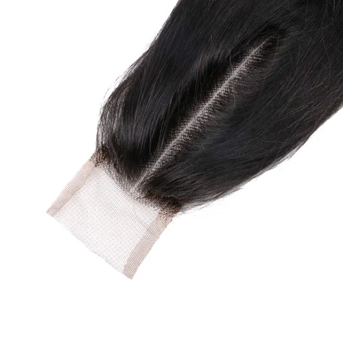 Vista 3 de 2 x 6 con cierre de encaje de raya profunda de cabello humano brasileño virgen Remy cierre de parte media con cabello de bebé, color natural