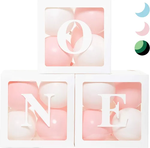 Vista 9 de Cajas de Globos de Primer Cumpleaños 'ONE' para 1 Año CON 24 Globos - Decoraciones de Primer Cumpleaños para Bebé Bloques de Cubo Transparente