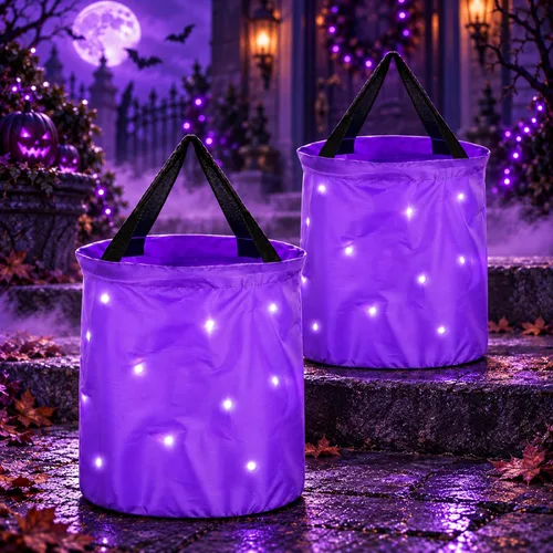 Vista 8 de 2 bolsas de dulces de Halloween con luz LED, bolsas de fiesta de Halloween, multiusos, reutilizables, bolsas para Halloween para dulce o dulce Verde