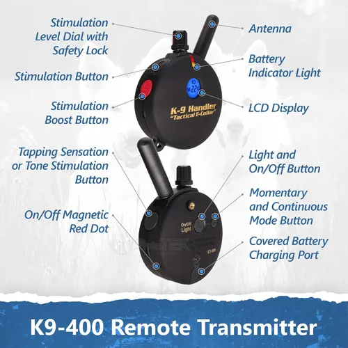 Vista 4 de Educator Collar táctico K9-400 para entrenamiento de perros con control remoto, rango de 3/4 millas, impermeable, 100 niveles de estimulación, modo
