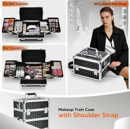 Vista 3 de Estuche de maquillaje profesional rodante, 3 en 1, estuche de cosmetología sobre ruedas, carrito de maquillaje grande para peluquería y peluquería